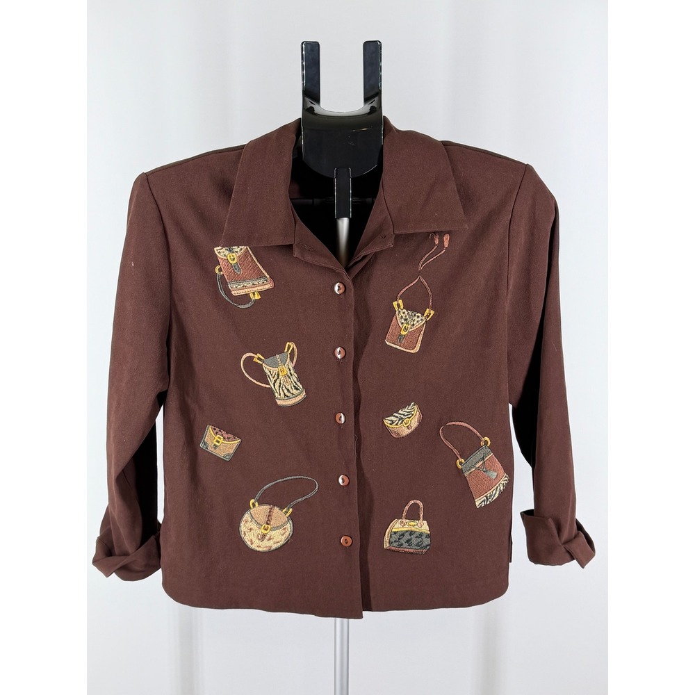 Citi Dress Brown Novelty Handbag Print‎ Button Up Shirt Womens Size 8 Vintage